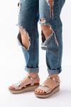 730-044 Beige Garni Orthopedic Knit Pattern Genuine Leather Padding Women Sandals