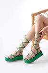 861-1010 Grass Green Silver Stone Ankle Tie Women's Sandals