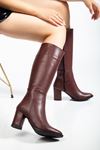 YSN-4422 Bordo Cilt Topuklu Kadın Çizme 