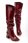 SYT-2002 Bordo Kırışık Rugan Körüklü Kalın Topuklu Günlük Bayan Çizme