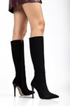 LS-226 Black Suede Zipper Elasticated Thin High Heeled Women's Boots
