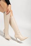 LS-226 Bej Cilt Fermuarlı Lastikli İnce Yüksek Topuklu Kadın Çizme