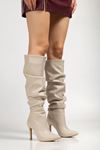 SYT-2003 Beige Suede Bellows Slim Heels Casual Women's Boots